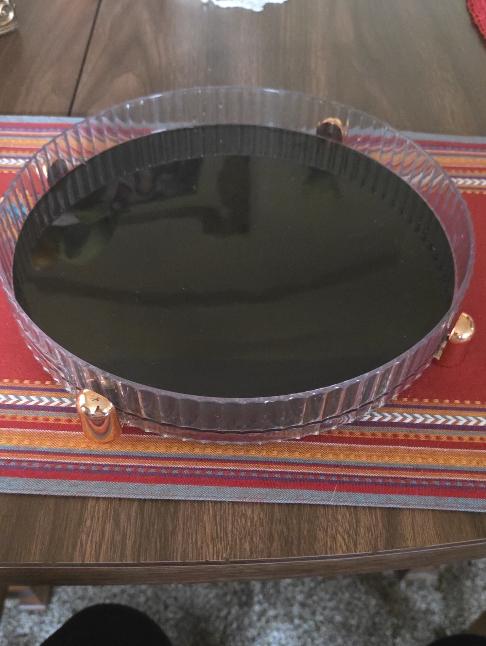 Round Clear Swivel  Acrylic Tray with Black Base and Rose Gold Feet